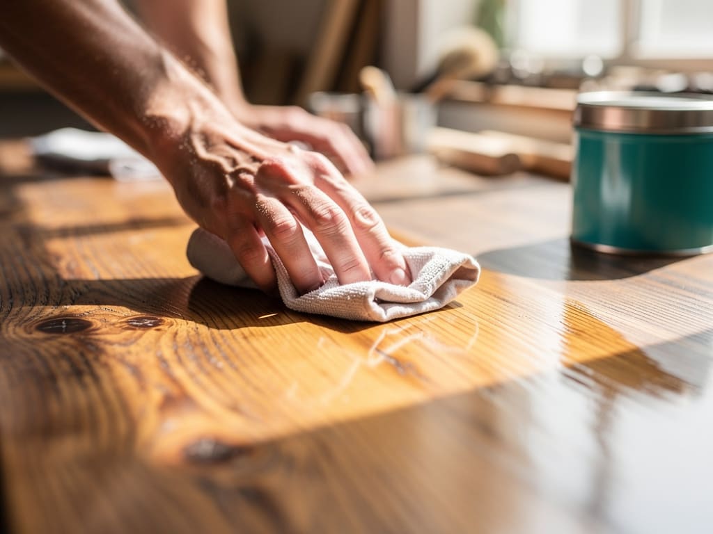 Artigiano applica cera su un tavolo in legno restaurato nel laboratorio